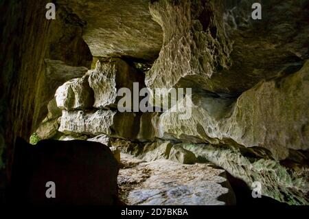 Entrée dans une grotte à literie basse vue de l'intérieur, à Kingsdale, près d'Ingleborough dans les Yorkshire Dales. Banque D'Images