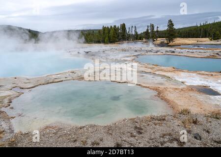 Piscines de source chaude bleues à Biscuit Basin dans le parc national de Yellowstone, Wyoming Banque D'Images