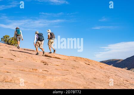 Les randonneurs marchent le long de la piste jusqu'à Delicate Arch dans le parc national d'Arches, Utah Banque D'Images