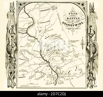 Bataille de Brandywine sept 11 1777. La bataille du Brandywine, le 11 septembre 1777, a marqué la fin apparente d'une longue période de frustration pour les Britanniques en Amérique du Nord. Pour le Lieutenant-général Sir William Howe, commandant des forces britanniques en Amérique du Nord, c'était la première chance qu'il ait dû s'attaquer pleinement à l'armée du général George Washington depuis la victoire britannique de long Island en août 1776. Cette bataille a entraîné la perte de la ville de New York aux États-Unis pour le reste de la guerre. Banque D'Images