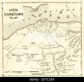 Siège de Yorktown octobre 1781. Le siège de Yorktown (également connu sous le nom de la bataille de Yorktown, de la capitulation de Yorktown ou de la bataille allemande) a pris fin le 19 octobre 1781, à Yorktown, en Virginie. Il s'agissait d'une victoire décisive d'une force combinée de troupes de l'Armée continentale américaine dirigée par le général George Washington et de troupes de l'Armée française dirigée par le Comte de Rochambeau sur une armée britannique commandée par l'homologue britannique et le lieutenant-général Charles Cornwallis. Banque D'Images