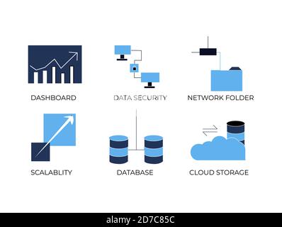 Ensemble d'icônes Big Data : analytique, sécurité des données, dossier réseau, évolutivité, base de données et stockage dans le cloud Illustration de Vecteur
