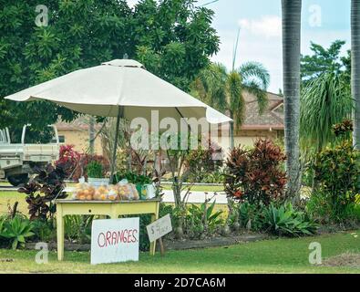 MacKay, Australie - 25 août 2019 : un stand de bord de route vendant des oranges fraîches sur l'autoroute menant à la ville Banque D'Images