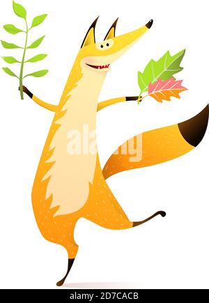 Wild Happy Fox Dancing avec Fall Leaf Happy Smile Illustration de Vecteur