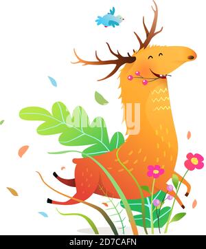 Wild Happy Moose Run dans nature Fun, dessin animé pour enfants Illustration de Vecteur