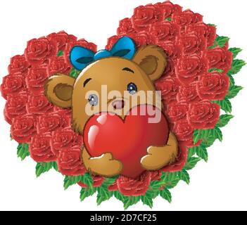 Illustration vectorielle d'un adorable ours en peluche tenant le cœur rouge roses fleur forme coeur Illustration de Vecteur