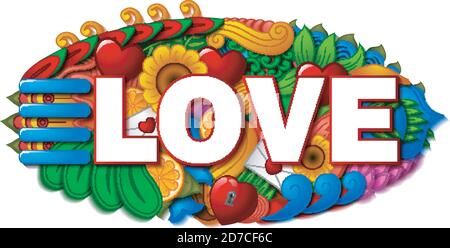 Dessin de dessin animé à la main pour l'amour avec un arrière-plan d'élément coloré Illustration de Vecteur