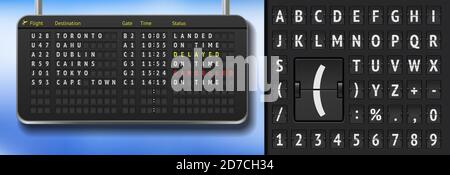 Tableau alphabétique de l'aéroport sur fond sombre. Tableau de bord 3D de l'aéroport avec vols annulés en raison d'un pandemy covid. Modèle de tableau de bord Vector Realistic Flip Airport. Horaire noir de l'aéroport avec départs Illustration de Vecteur