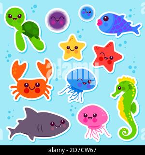 Ensemble d'autocollants d'animaux colorés de la mer et de l'océan. Mignon dessin animé poisson sous-marin, tortues de mer, oursins, étoiles de mer, hippocampe, crabes, méduses et requins. Banque D'Images