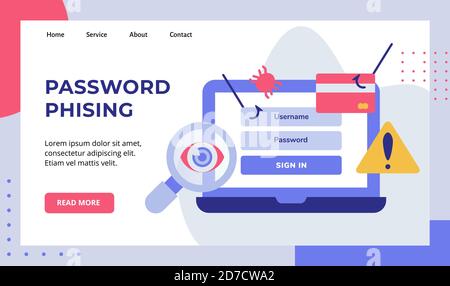 Campagne de phising de mot de passe sur écran d'ordinateur portable pour le site Web accueil page d'accueil modèle de page d'accueil bannière blanc isolé arrière-plan avec plat Illustration de Vecteur