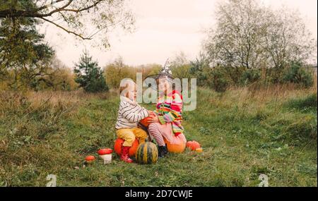 Deux petites sœurs assises sur d'énormes citrouilles sur une plaque de citrouille. Les enfants collectent des citrouilles dans une ferme de village lors d'une chaude journée d'automne. Un séjour en famille pour Banque D'Images