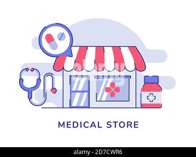 Magasin médical façade médicament stéthoscope blanc isolé fond avec plat style Illustration de Vecteur