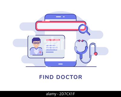 Trouvez le profil médecin de la loupe concept médecin sur smartphone blanc isolé arrière-plan avec style plat Illustration de Vecteur