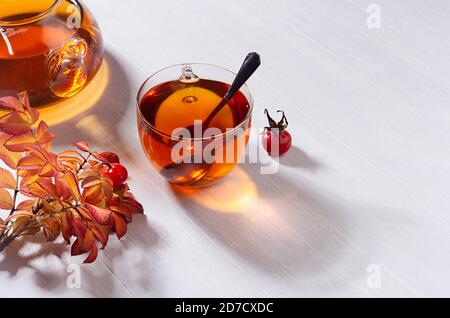 Thé ensoleillé avec thé rosehip dans théière transparente avec tasse, branche d'automne dans des poutres lumineuses et confortables, vue sur le dessus de la table en bois blanc, espace copie. Banque D'Images