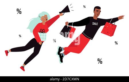 Un homme et une femme avec Forfaits Fly Shopping Illustration de Vecteur