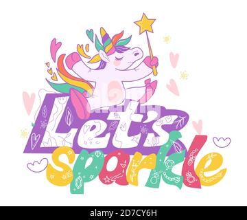 Expression de lettrage avec illustration vectorielle de dessin animé de caractère unicorn isoler. Illustration de Vecteur