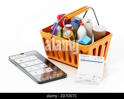 Smartphone et reçu à côté du panier. Concept de supermarché en ligne. Illustration 3D. Banque D'Images