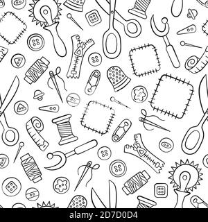 Outils et accessoires pour la couture et les travaux d'aiguille. Motif sans couture, style doodle et dessin animé. Illustration de Vecteur