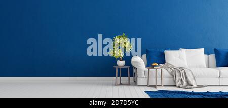 Mur en béton bleu avec mobilier moderne blanc, design intérieur minimal, rendu 3d, illustration 3d Banque D'Images