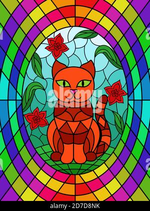 Vitraux colorés avec drôle de chat de dessin animé assis parmi les fleurs, décoration sur le verre pour les enfants Illustration de Vecteur