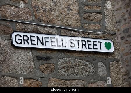 Panneau de la rue Grenfell à Mousehole, Cornwall Banque D'Images