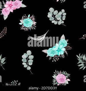 Motif fleuri sans couture. Fleurs roses, Magnolia, branches d'eucalyptus, verdure sur fond noir Banque D'Images