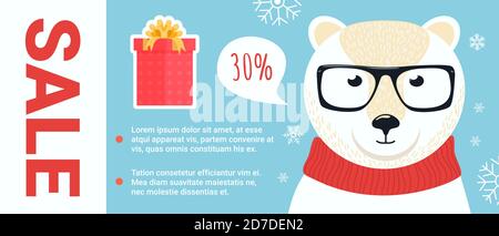 Illustration vectorielle de la promotion de Noël. Ours polaire avec lunettes et foulard rouge, cadeaux et flocons de neige décor debout sur le fond de Noël ou les vacances d'hiver, offre de rabais bannière Illustration de Vecteur