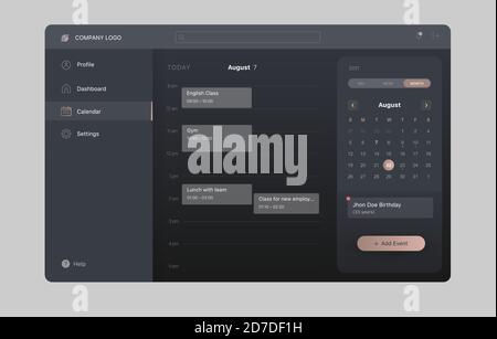 Interface d'application générique et fictive Web ou tablette pour calendrier avec des réunions planifiées en mode sombre avec menu et société logo Illustration de Vecteur