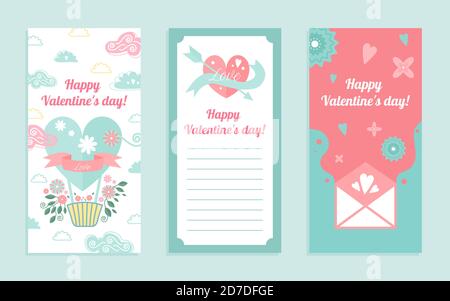 Ensemble d'illustrations vectorielles carte de vœux Happy Valentine Day. Jolie collection de dessins animés avec coeur aimant, lettre de papier d'amour rose pour les amoureux, ballon volant en forme de coeur avec arrière-plan romantique de fleurs Illustration de Vecteur