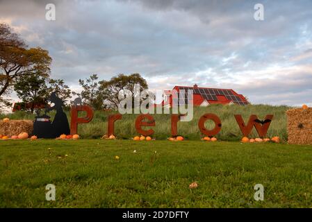 Prerow, Allemagne. 18 octobre 2020. À l'Halloween, des citrouilles et des balles de paille sont à l'entrée de Prerow. Les lettres métalliques sont décorées selon la saison, par exemple à Pâques avec des oeufs de Pâques et à Noël avec des lumières de fées. Credit: Stephan Schulz/dpa-Zentralbild/ZB/dpa/Alay Live News Banque D'Images