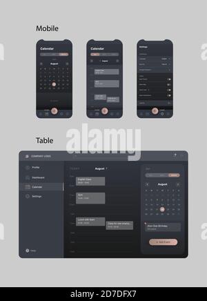 Interface d'application générique et fictive pour calendrier avec calendrier des réunions pour tablette ou Wev et écrans mobiles, mode sombre Illustration de Vecteur