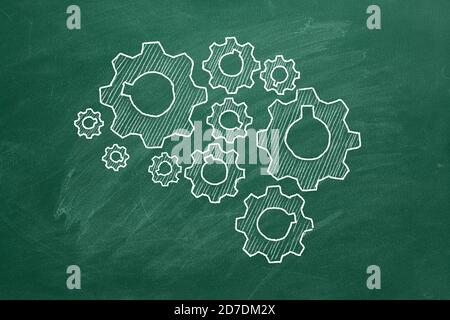 Le cerveau humain s'est construit à partir de cogs et d'engrenages sur le green board Banque D'Images