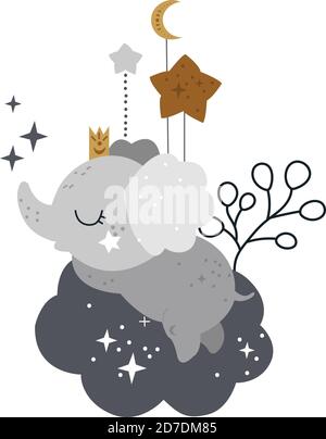 Carte céleste avec bébé éléphant et lune Illustration de Vecteur