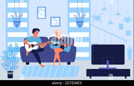 Les gens jouent de la guitare à l'illustration vectorielle à la maison. Homme de dessin animé femme musiciens, couple ou amis personnages jouant de la musique, guitaristes assis ensemble sur un canapé dans la maison salon intérieur arrière-plan Illustration de Vecteur