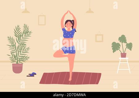 Grossesse méditation yoga illustration vectorielle plate. Caricature belle femme enceinte caractère relaxant, méditant dans lotus yoga asana pose, écoutant de la musique dans l'arrière-plan intérieur de l'appartement à la maison Illustration de Vecteur