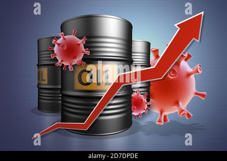 Trois barils de pétrole avec une flèche rouge vers le haut. Hausse des prix du pétrole Banque D'Images