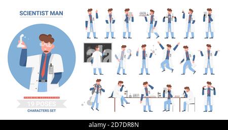 L'homme scientifique pose un ensemble d'illustrations vectorielles. Personnage masculin de dessin animé travaillant en laboratoire de recherche scientifique, tenant tube de flacon de laboratoire, modèle d'atome, science de la posture de travail collection isolée sur blanc Illustration de Vecteur