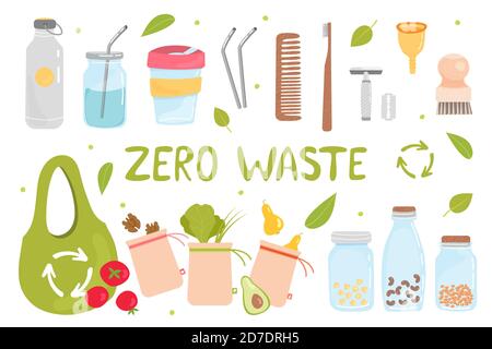 Aucun gaspillage. Ensemble d'éléments Zero Waste : sac à provisions réutilisable, brosse à dents et brosses en bois, tasse menstruelle, paille en acier, pots en verre, tasse thermo. ECO Banque D'Images