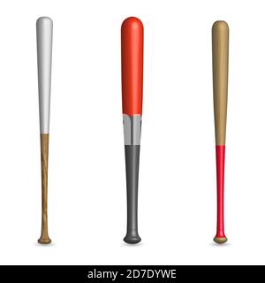 Ensemble de diverses battes de baseball en bois et en plastique isolées sur fond blanc. Vue avant, illustration vectorielle. Illustration de Vecteur