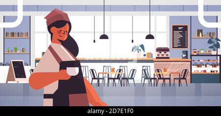 femme barista en uniforme travaillant dans la serveuse de la maison de café tablier servant café moderne café intérieur horizontal portrait illustration vectorielle Illustration de Vecteur