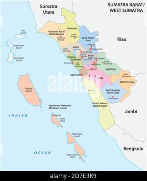 Carte vectorielle administrative de la province indonésienne de Sumatra Ouest, Sumatra, Indonésie Illustration de Vecteur