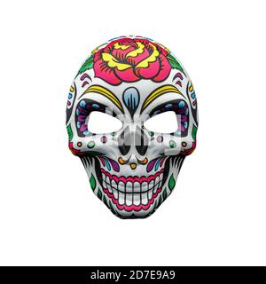 Masque d'Halloween représentant un crâne mexicain traditionnel avec un motif floral coloré isolé sur un fond blanc. Banque D'Images