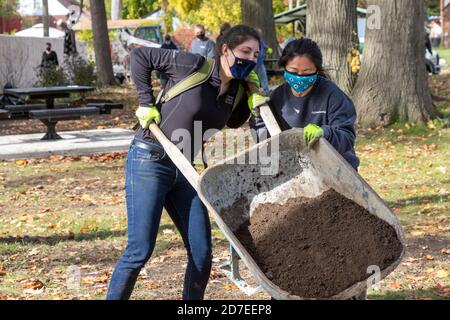 Detroit, Michigan - les bénévoles de CooperStandard installent des tables de pique-nique et font de l'aménagement paysager dans un parc de la ville dans le quartier de Morningside. Le parc i Banque D'Images