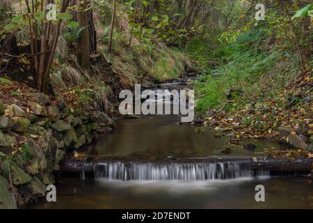 ruisseau Krasetinsky près du confluent avec ruisseau Kremzsky avec petite cascade en automne matin Banque D'Images