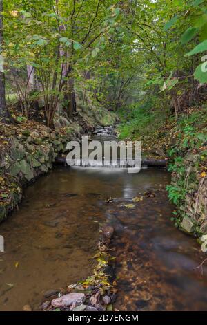 ruisseau Krasetinsky près du confluent avec ruisseau Kremzsky avec petite cascade en automne matin Banque D'Images