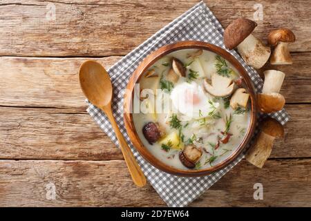 Kulajda est une soupe blanche traditionnelle tchèque pleine de saveurs. Cette recette classique contient des champignons, des pommes de terre, des œufs et de l'aneth dans un bol sur la ta Banque D'Images