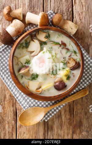 Soupe de kulajda maison tchèque avec pommes de terre, champignons sauvages, œufs et aneth dans un bol sur la table. Vue verticale du dessus Banque D'Images
