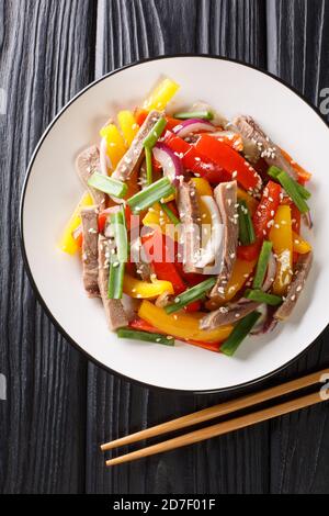 Salade asiatique à base de poivron, de langue de bœuf, d'oignons et de graines de sésame dans une assiette sur la table. Vue verticale du dessus Banque D'Images