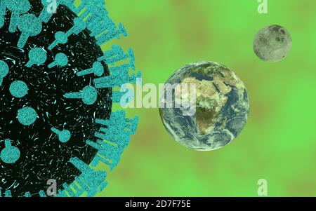 rendu 3d d'une demi-cellule géante du coronavirus à côté d'une planète entièrement texturée avec sa lune, le tout flottant sur un fond vert et marron. Banque D'Images