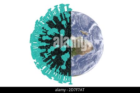rendu 3d d'une demi-planète terre et d'une demi-cellule coronavirus, le tout flottant sur un fond blanc sans fin. Banque D'Images